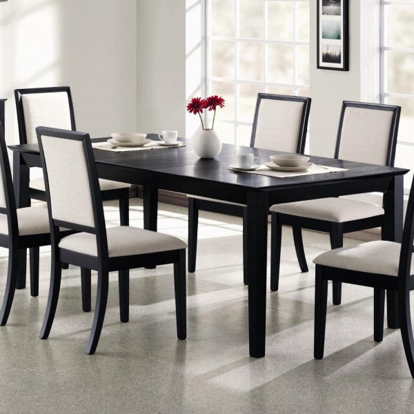 Modern-Fitted-Dining-Room-Furniture-Featuring-Black-Varnished-Wooden-Dining-Chair-With-White-Fabric-Backrest-With-Black-Laminated-Wooden-Frame-Also-Black-Laminated-Wooden-Dining-Table