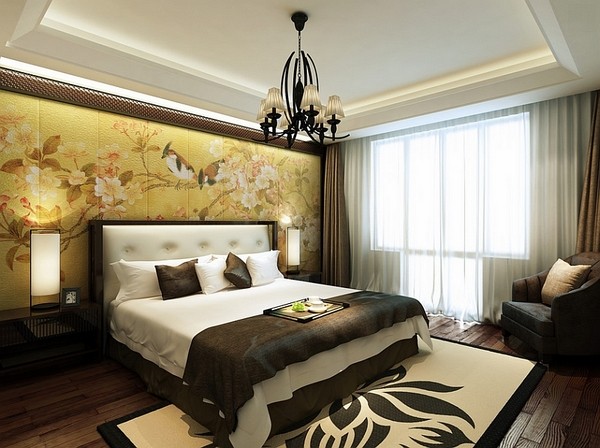 Sophisticated-Asian-themed-bedroom-design-beautiful-accent-wall-natural-colors