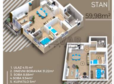 Trosoban stan, Kragujevac, Erdoglija, prodaja, 59m2, 105600e, id1391674