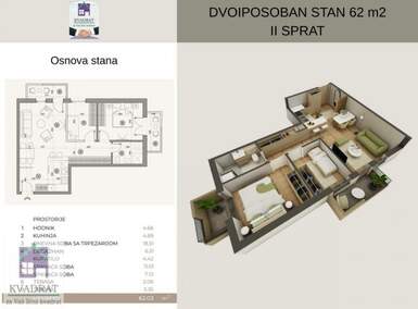 Dvoiposoban stan, Beograd, Rvati, prodaja, 62m2, 99200e, id1461405