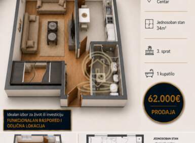 Jednosoban stan, Kragujevac | Prodaja · 34m² · 62.000€