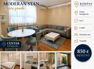 Dvosoban stan, Beograd - Atelje 212 | Izdavanje · 41m² · 850€