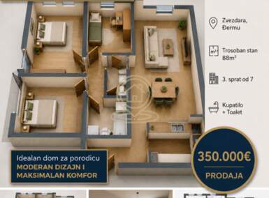 Cetvorosoban stan, Beograd - Đeram | Prodaja · 88m² · 350.000€
