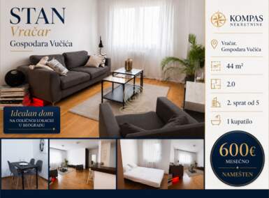 Dvosoban stan, Beograd - Gospodara Vučića | Izdavanje · 44m² · 600€