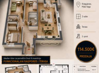 Trosoban stan, Kragujevac | Prodaja · 61m² · 114.500€
