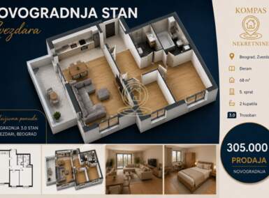 Trosoban stan, Beograd - Đeram | Prodaja · 68m² · 305.000€