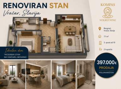 Trosoban stan, Beograd - Slavija | Prodaja · 77m² · 397.000€