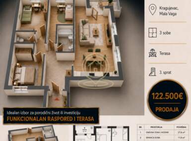 Trosoban stan, Kragujevac | Prodaja · 65m² · 122.500€