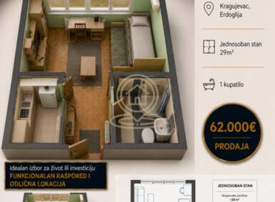 Jednosoban stan, Kragujevac | Prodaja · 29m² · 62.000€