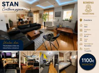 Trosoban stan, Beograd - Cvetkova pijaca | Izdavanje · 85m² · 1.100€