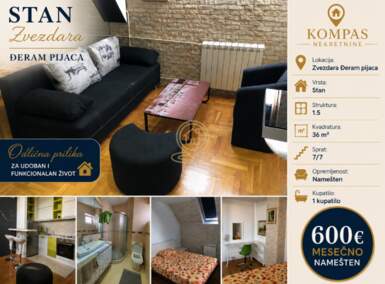 Jednoiposoban stan, Beograd - Đeram | Izdavanje · 36m² · 600€