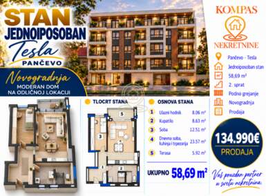 Jednoiposoban stan, Pančevo · 58m² · 134.990€ | SveNekretnine