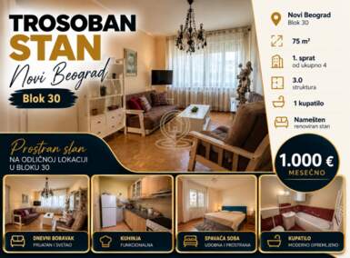 Trosoban stan, Blok 30 · 75m² · 1.000€ | SveNekretnine
